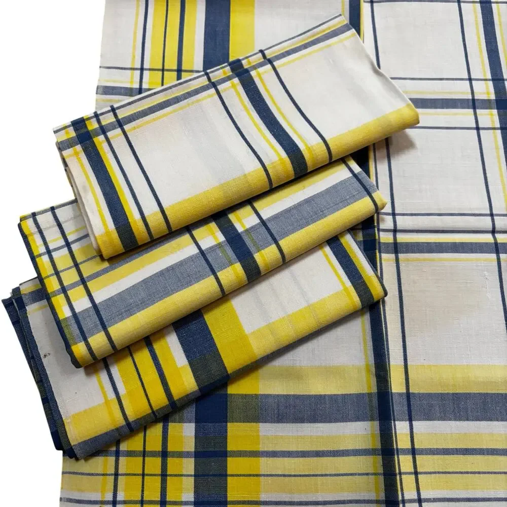 Cloth napkins set of 4 large squares cream blue yellow plaid print on cotton